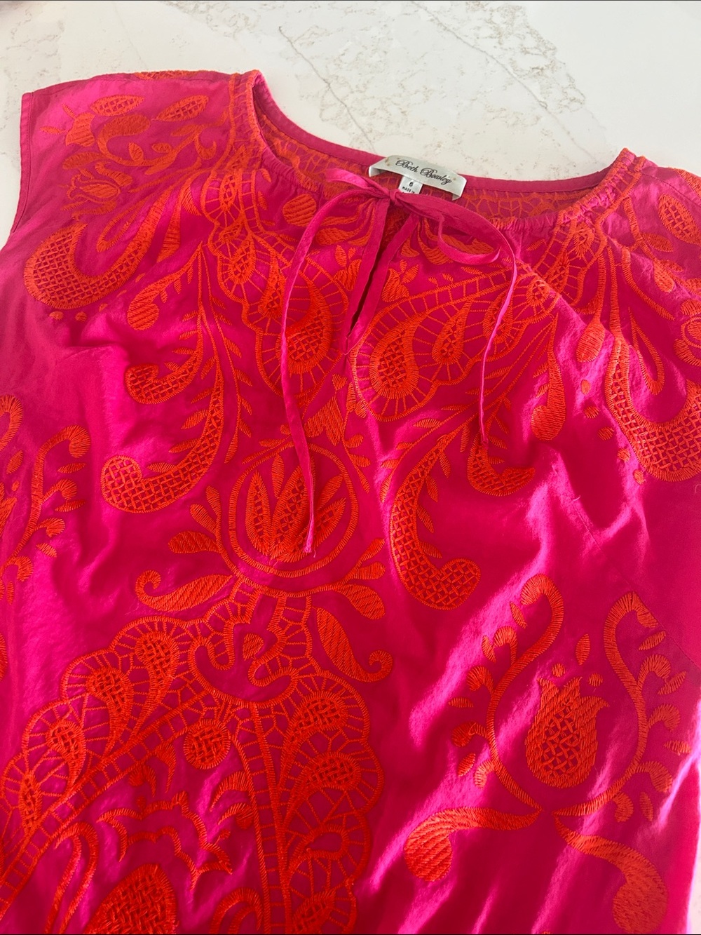 Beth Bowley Hot Pink Cotton Boho Tunic with Orange Embroidery Tie-Neck